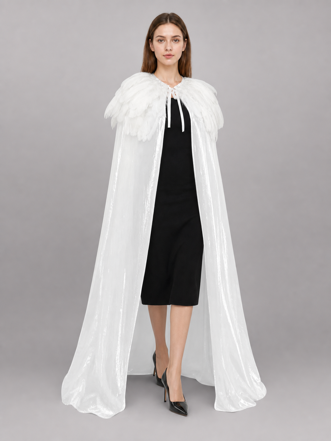 White Velvet Cape with Feather Trim, Maxi