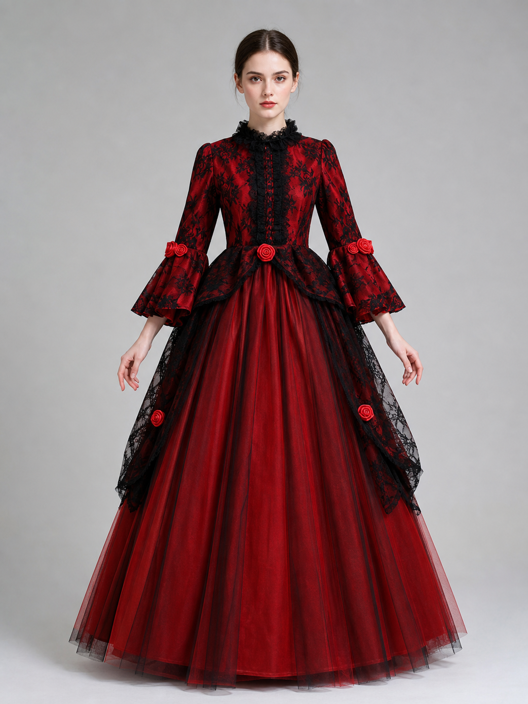 Gothic dress with roses and lace, red and black