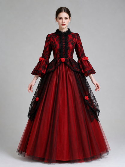 Gothic dress with roses and lace, red and black