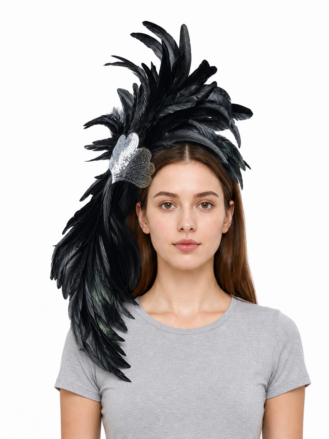Feather carnival accessory with a silver heart