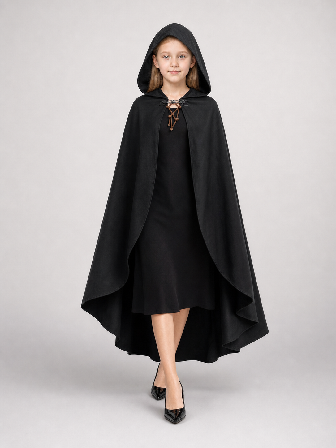Black hooded medieval costume cloak product view 19