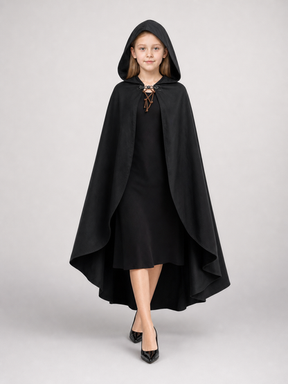 Black hooded medieval costume cloak product view 19