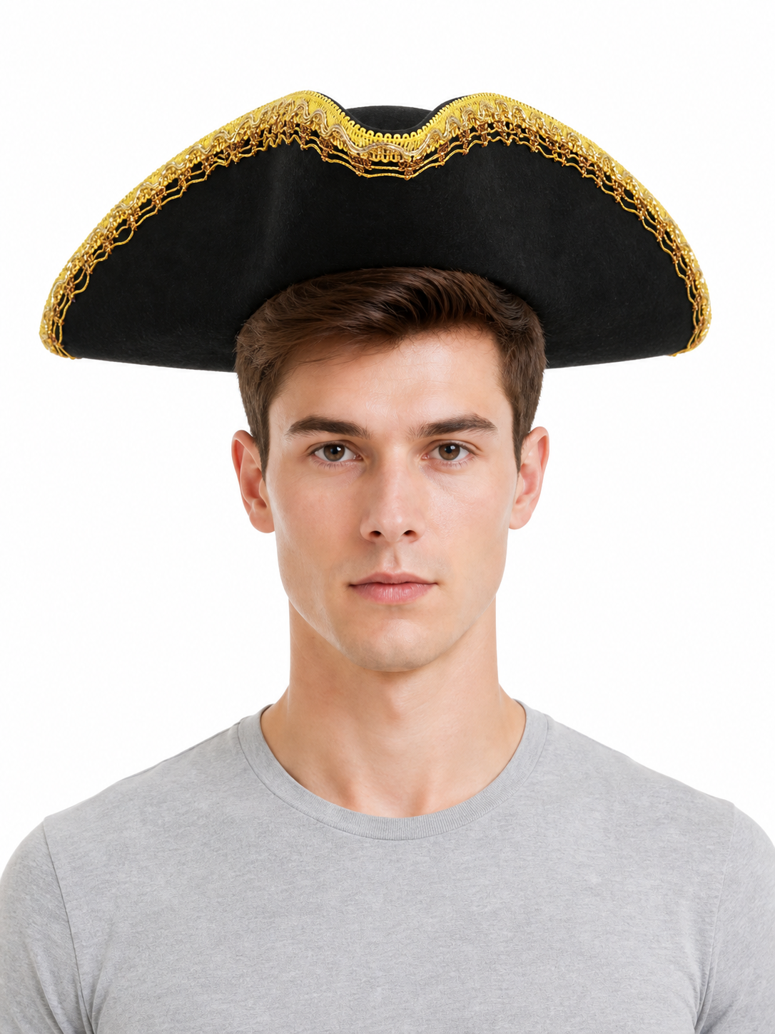 Black and Gold Trim Pirate Hat, Wide Curved Tricorn Costume Headpiece with Structured Crown for Cosplay, Costume Parties and Themed Events