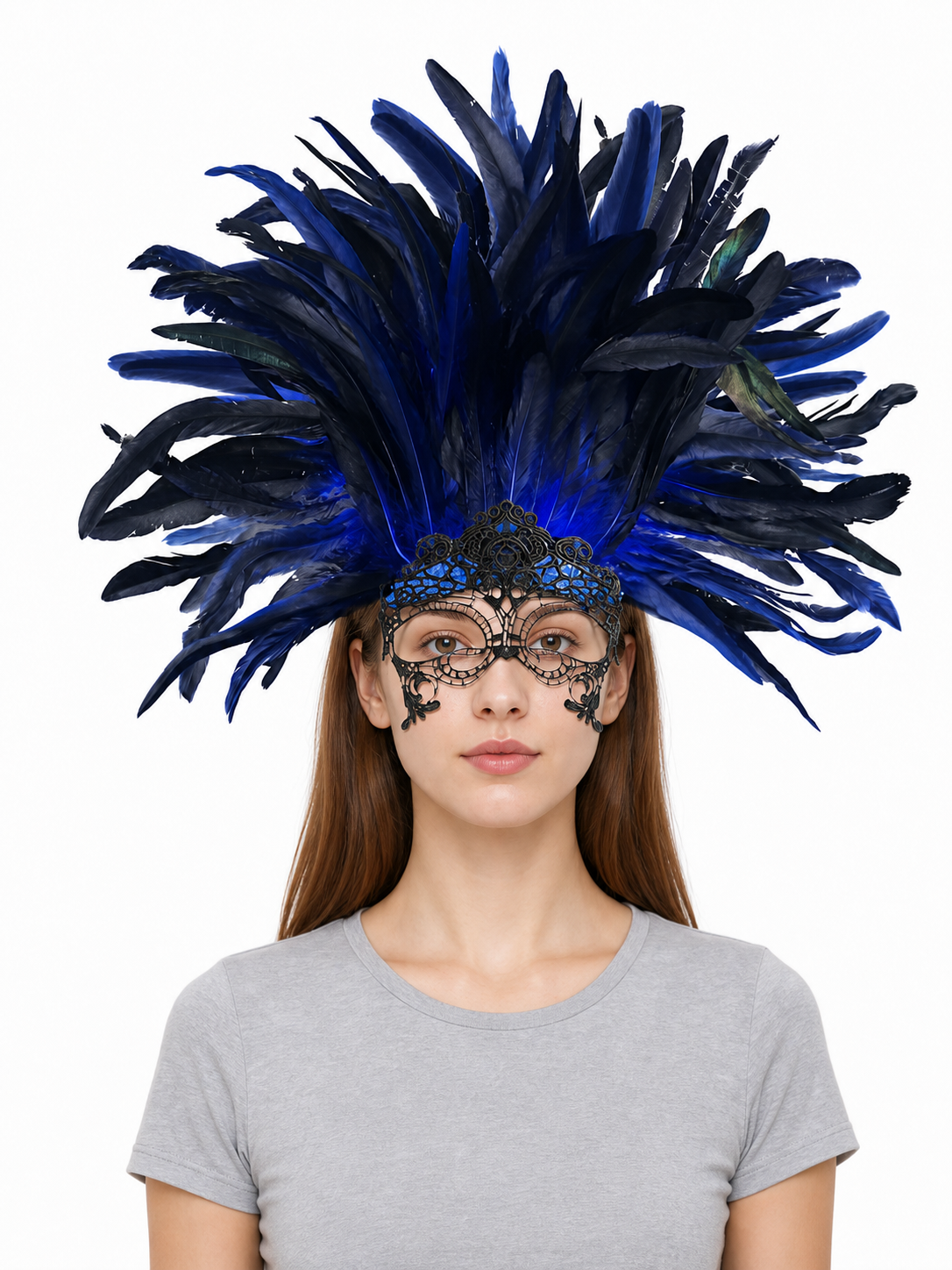 Carnival Headpiece with Blue-and-Black Feathers and Mask front view 2