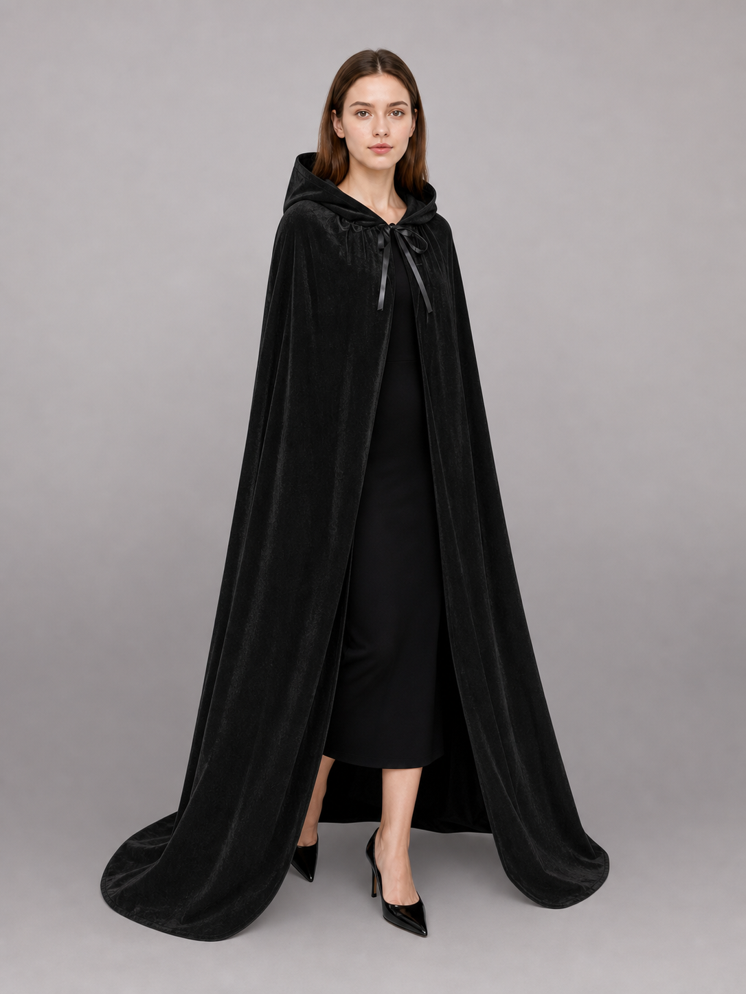 Black medieval hooded costume cloak