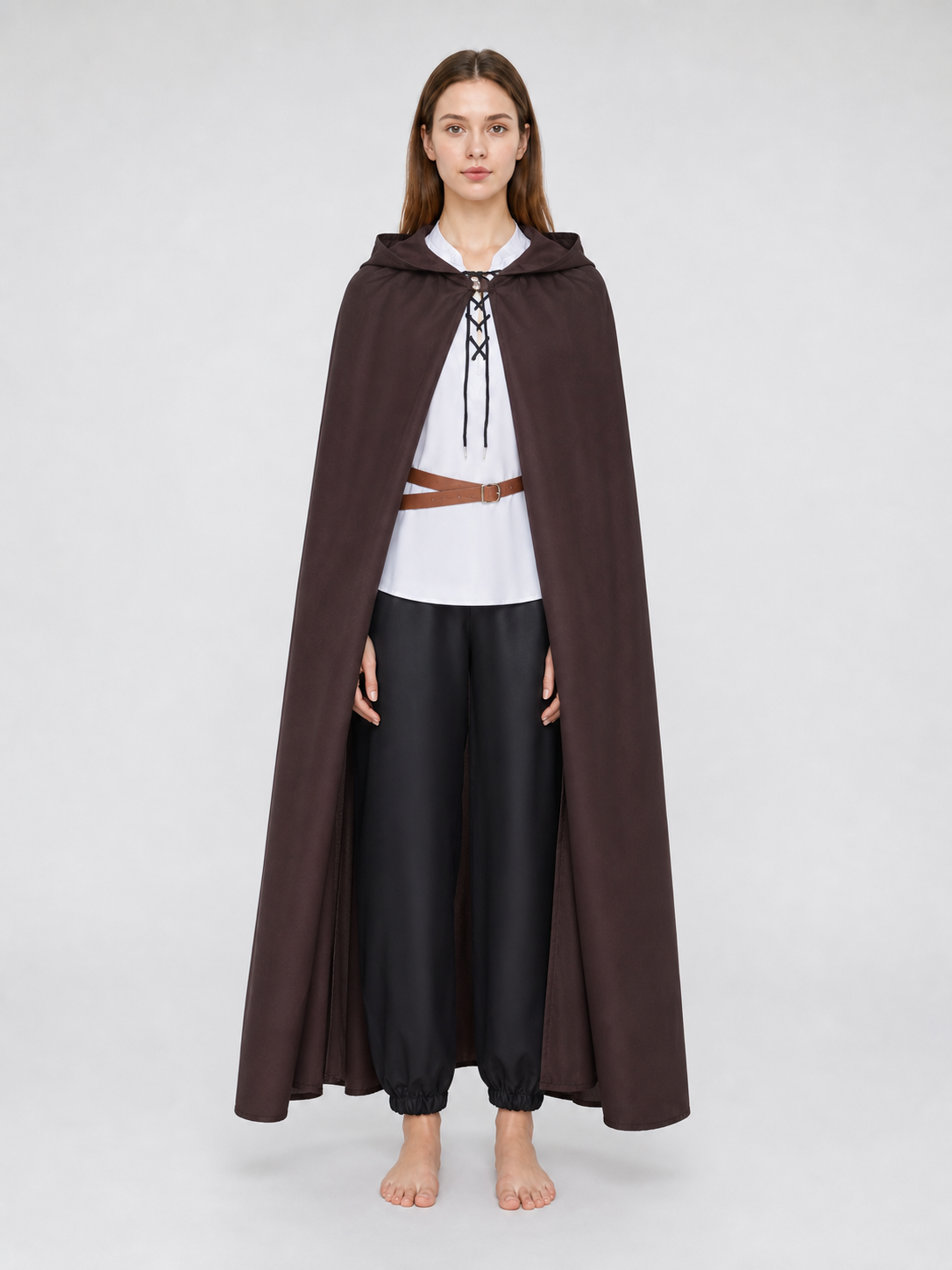 Halloween Medieval Knight Pirate Cosplay Hooded Cloak, Long Loose Cape With Pointed Hood And Front Cross Lacing