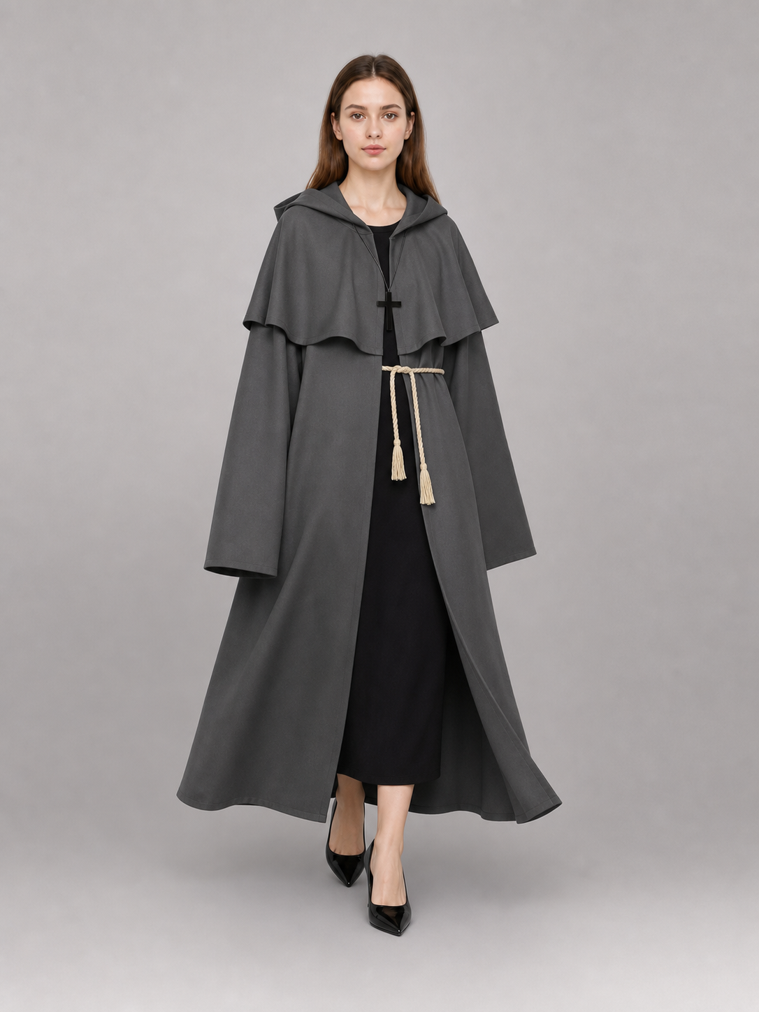 Gray Medieval Hooded Costume Cloak front view 2