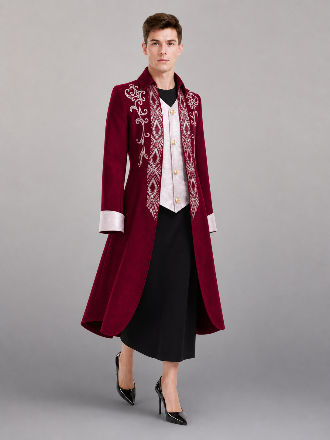 Burgundy Tailcoat Jacket with White Trim