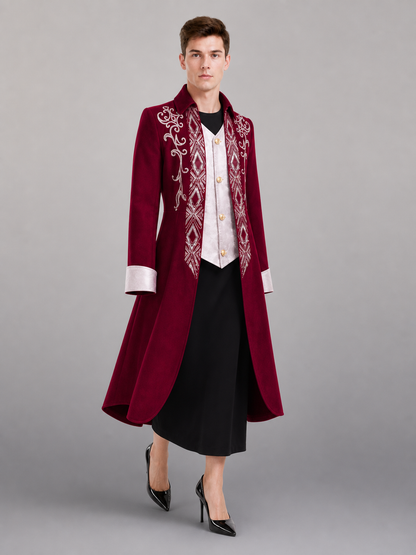 Burgundy Tailcoat Jacket with White Trim
