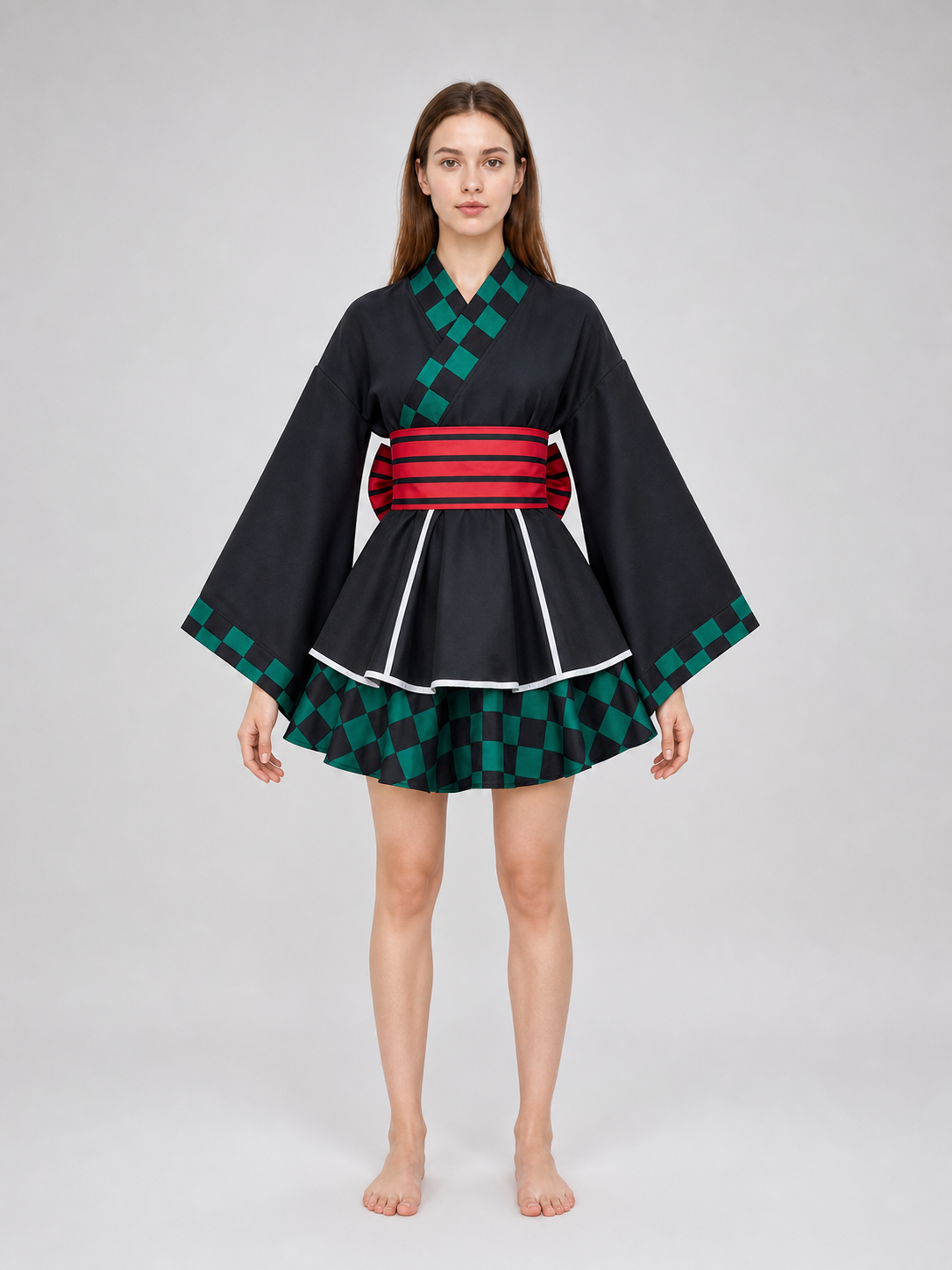 Tanjiro Cosplay Dress, Black with Green Plaid