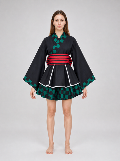 Tanjiro Cosplay Dress, Black with Green Plaid
