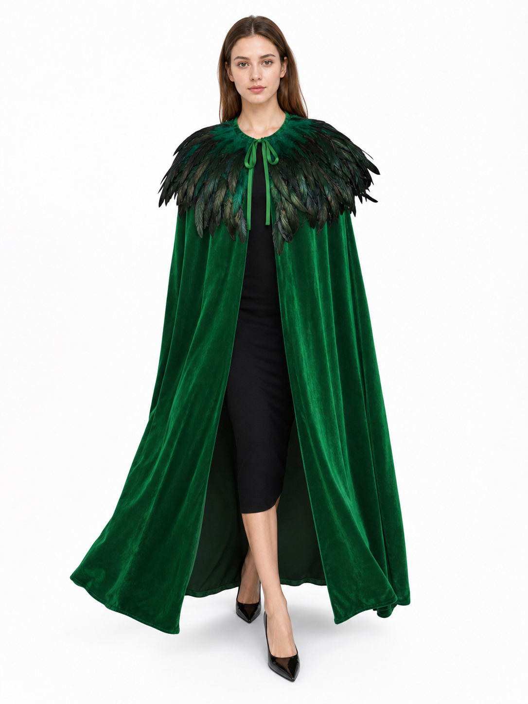 Green Carnival Cloak with Feather Trim