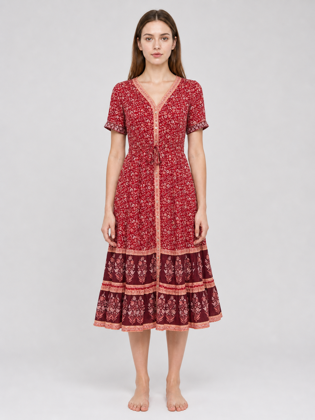 Midi Dress with Floral Print and Tiered Skirt