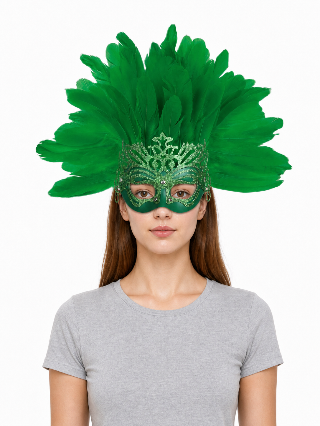 Carnival Mask with Green Feathers and Glitter