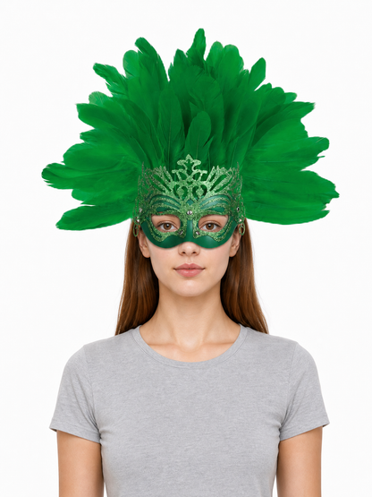 Carnival Mask with Green Feathers and Glitter
