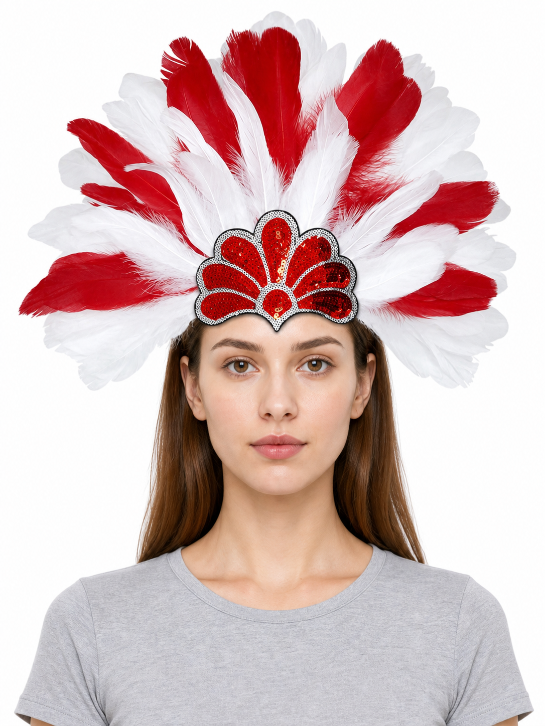 Carnival headpiece with red and white feathers