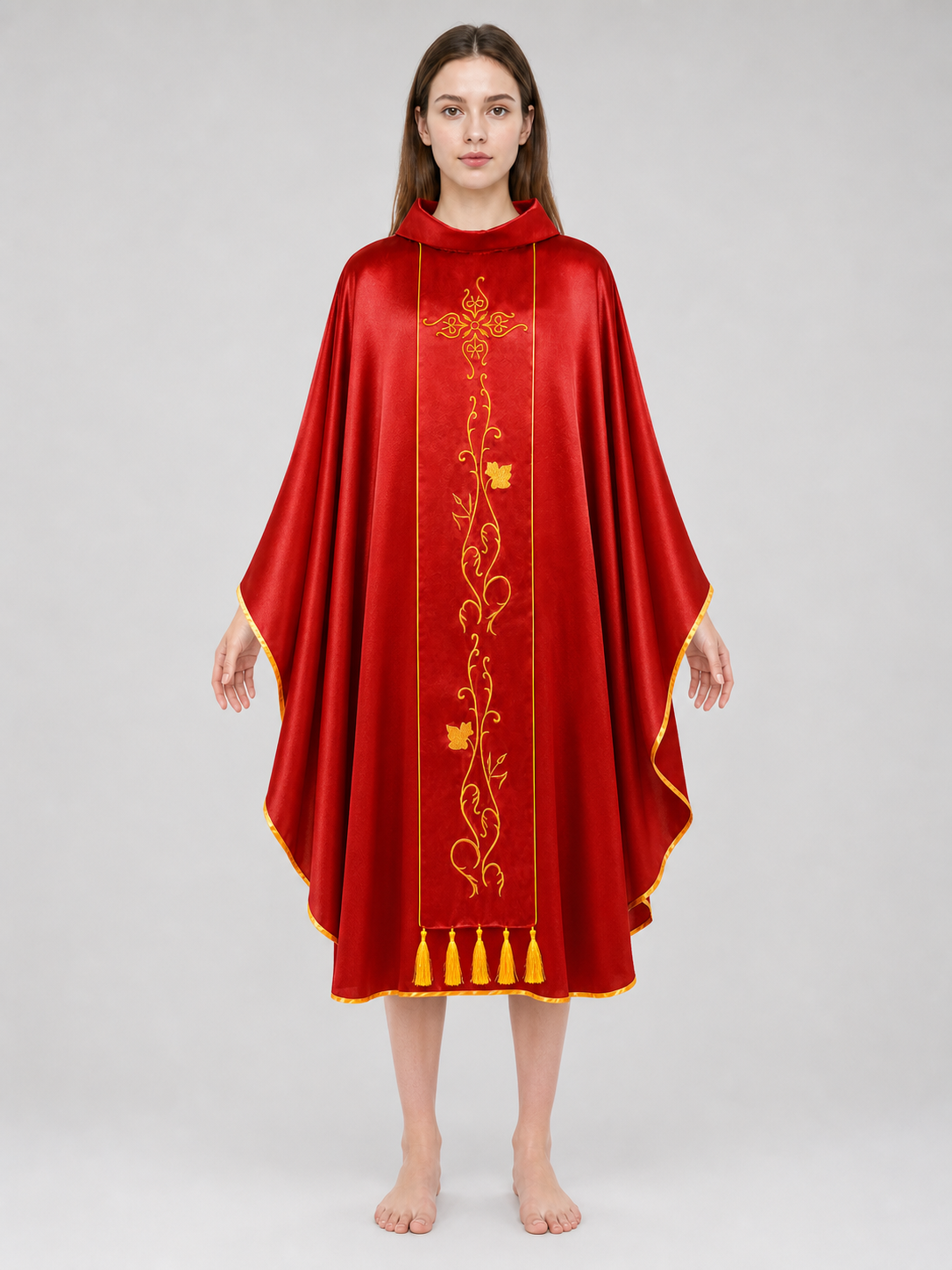 Medieval European Cosplay Vestment, Loose Sleeveless Poncho-Style Robe With Stand Collar, Gold Embroidery, Trim And Fringe For Stage Performance