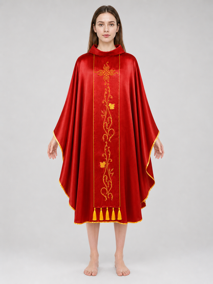 Medieval European Cosplay Vestment, Loose Sleeveless Poncho-Style Robe With Stand Collar, Gold Embroidery, Trim And Fringe For Stage Performance