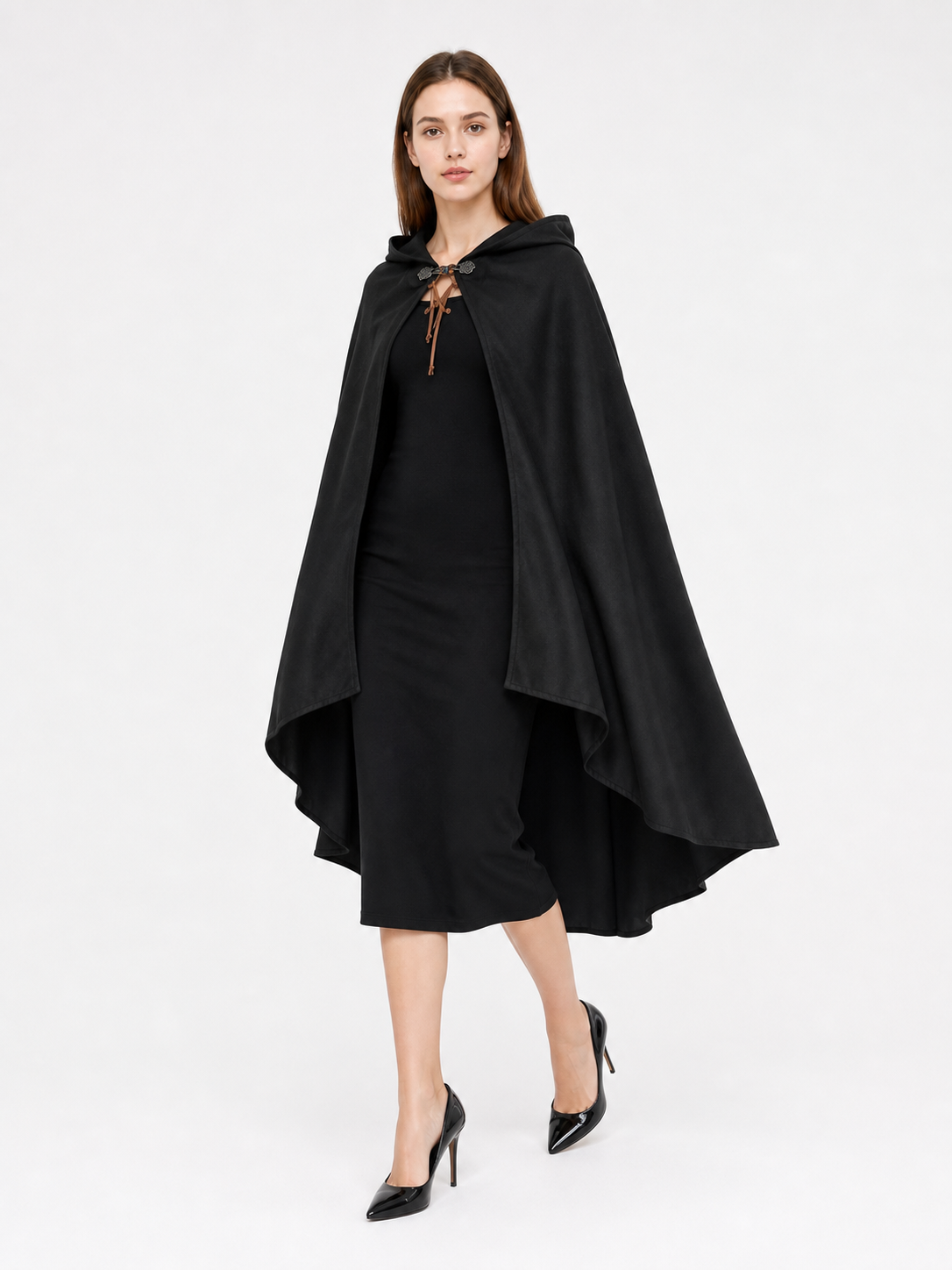 Black hooded medieval costume cloak product view 20