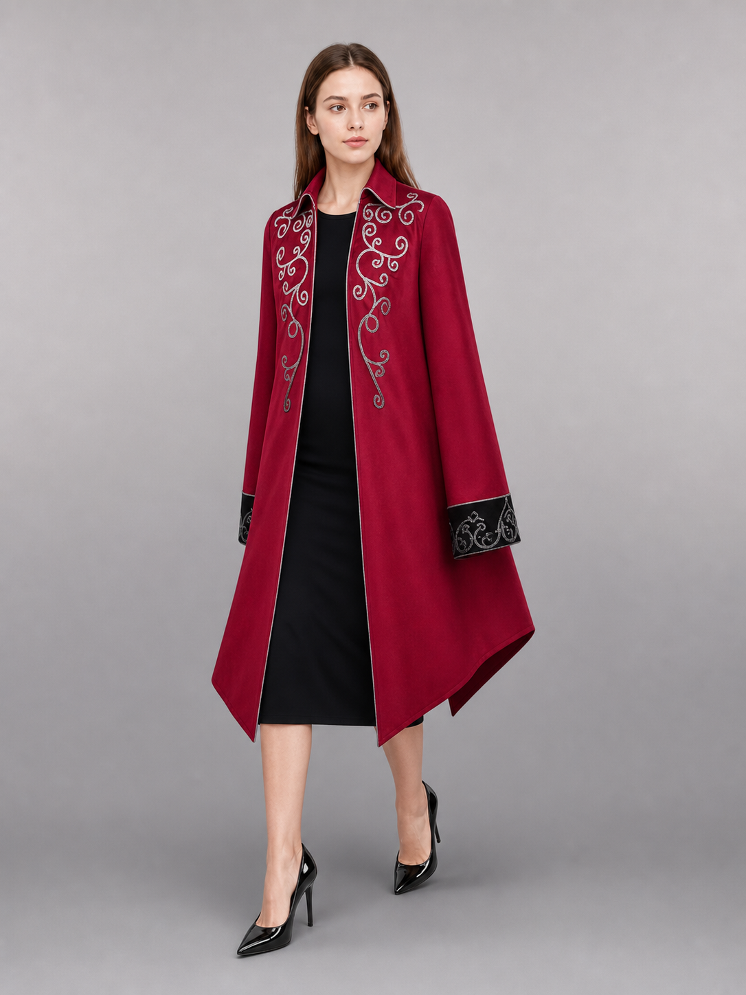 Burgundy tailcoat with embroidery and black panels