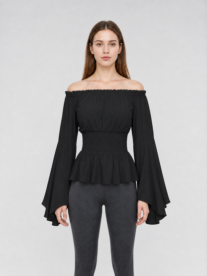 Black Off-the-Shoulder Blouse with Flared Sleeves