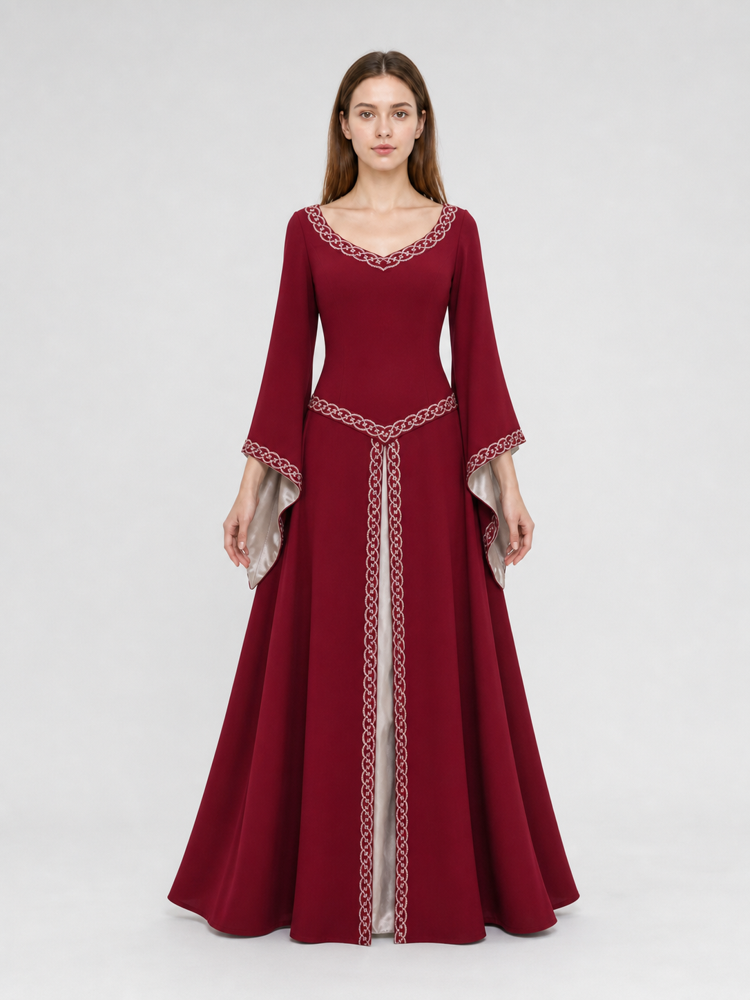 Floor-Length Dress with Long Sleeves and Decorative Trim
