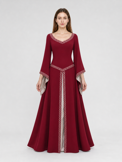 Floor-Length Dress with Long Sleeves and Decorative Trim