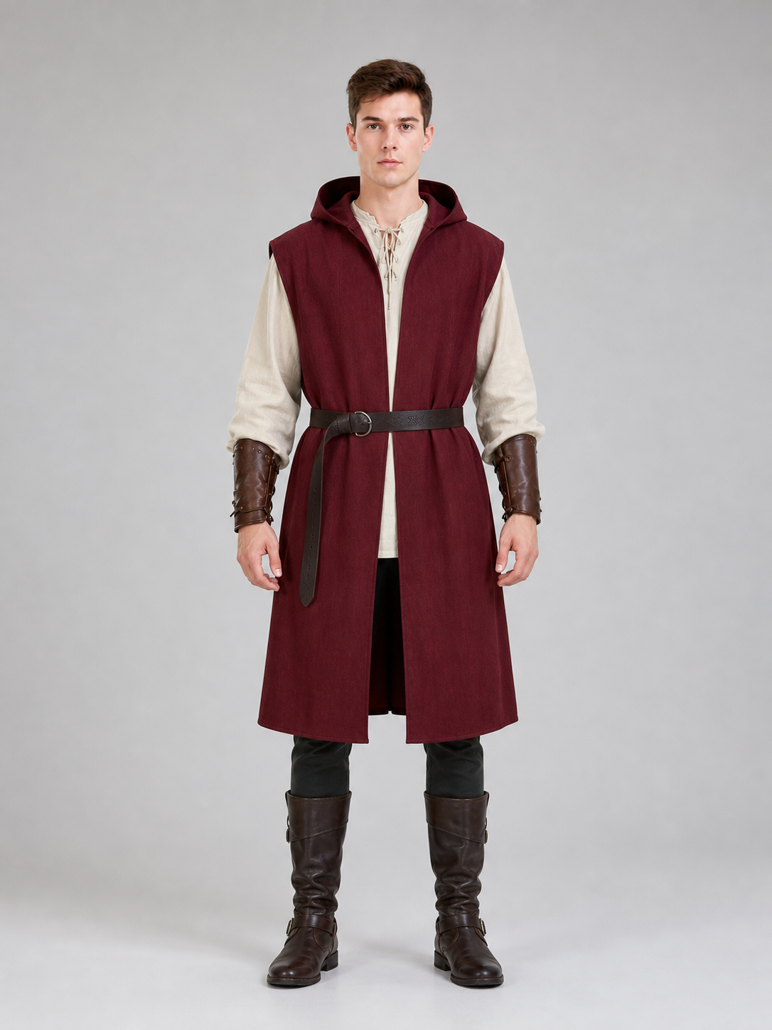 Adult Medieval Fantasy Hooded Cape, Wine Red Sleeveless Long Split-Hem Cloak