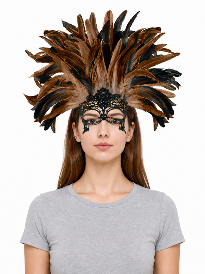 Front view of a model wearing a brown and black feathered headpiece with a black lace eye mask and gray T-shirt