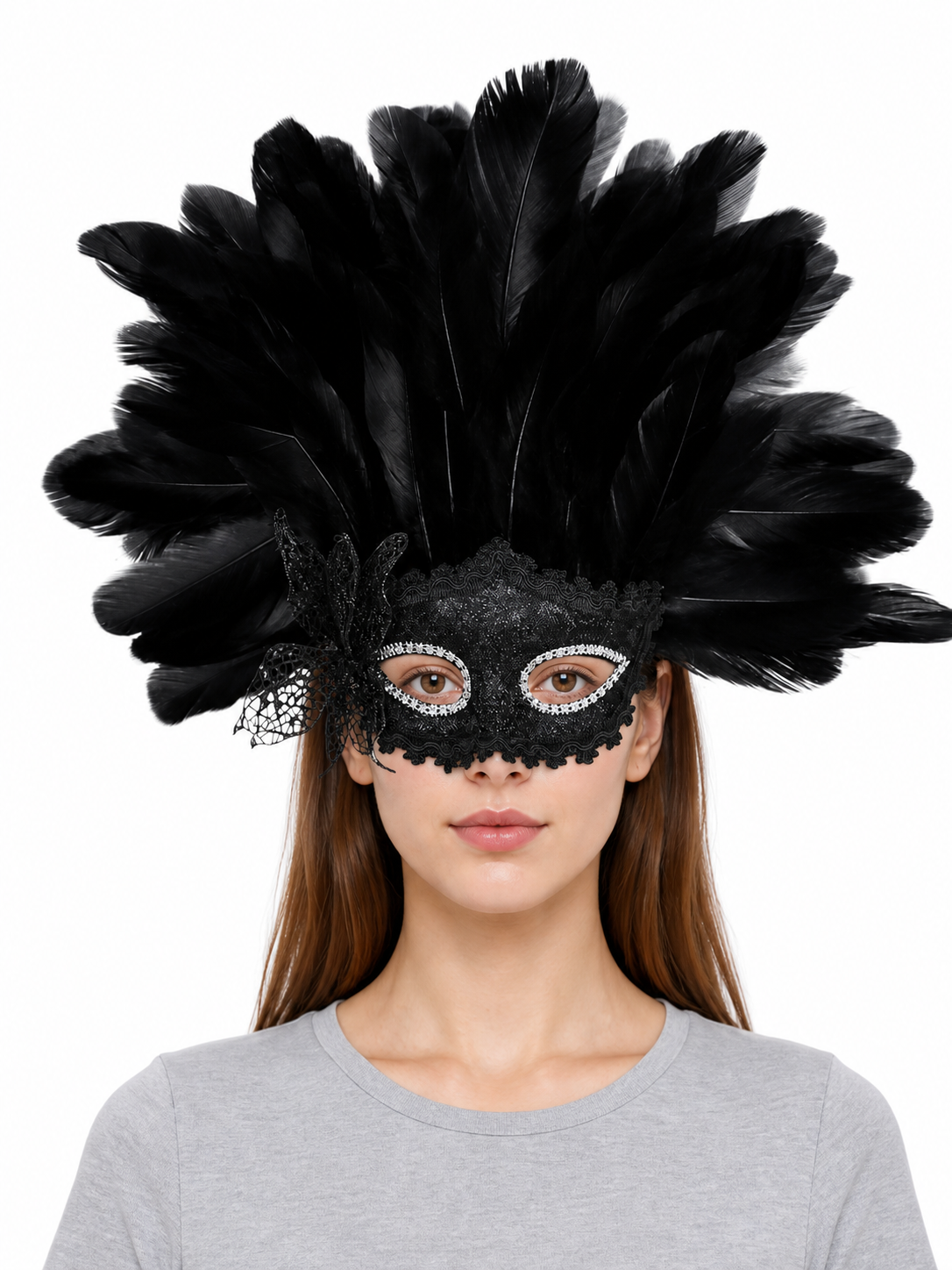 Carnival Mask with Black Feathers and Glitter