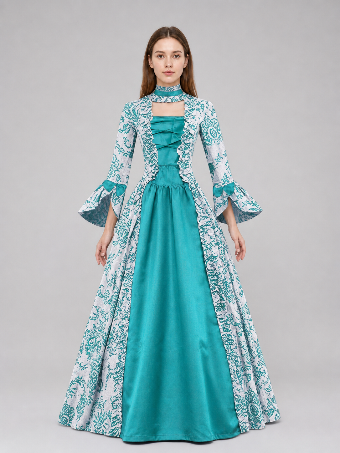 Long Dress with Pattern and Flared Sleeves