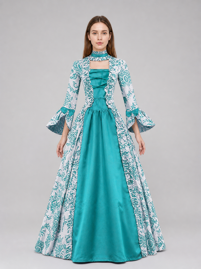Long Dress with Pattern and Flared Sleeves