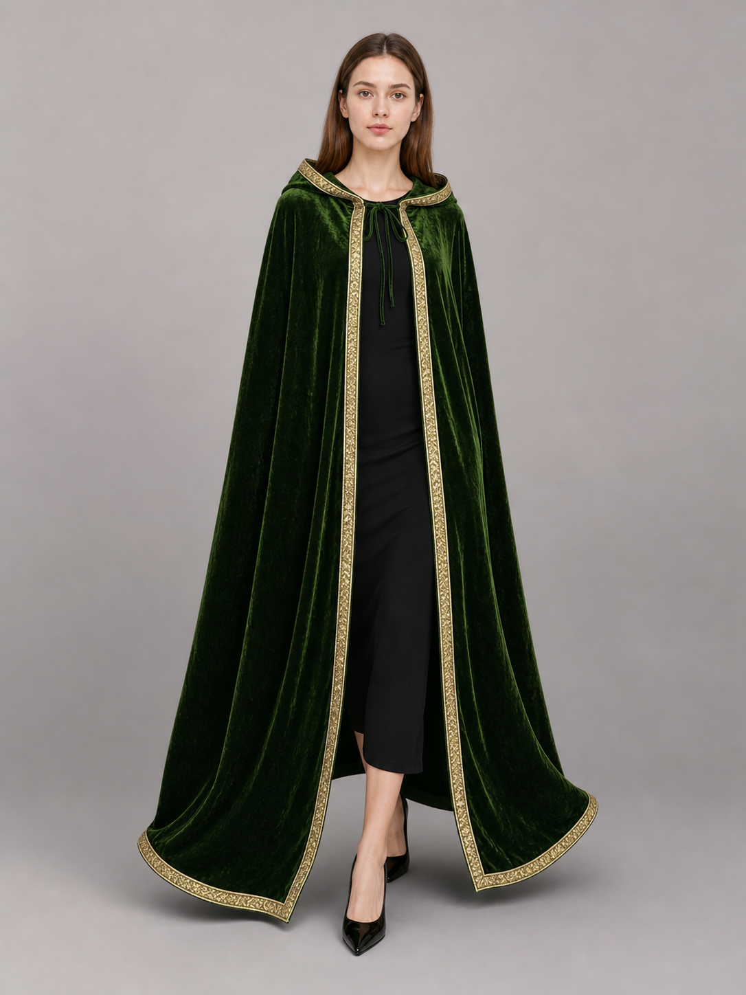 Green costume cloak with hood, gold trim