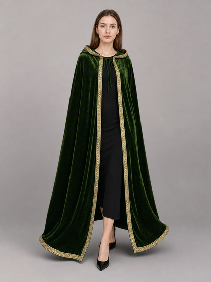 Green costume cloak with hood, gold trim