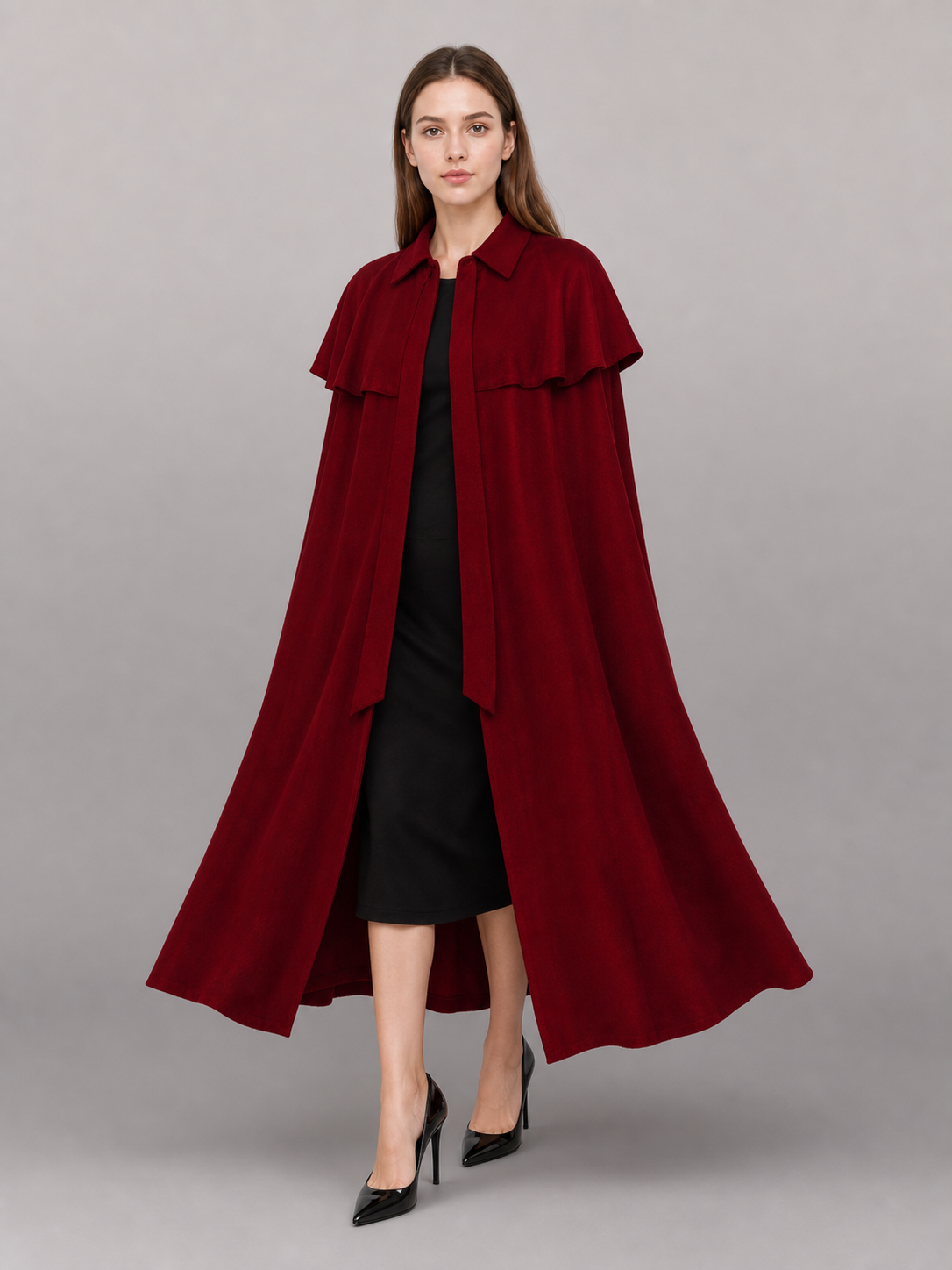 Burgundy Dress with Collar and Flared Hem