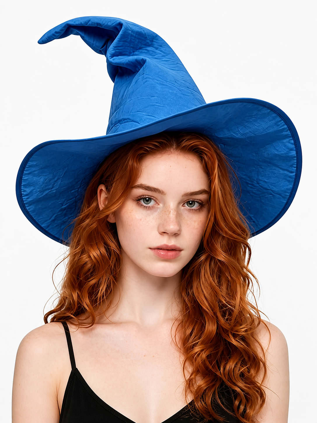 Blue Halloween Witch Hat, Wide Brim Curved Pointed Cap with Black Chin Strap front view