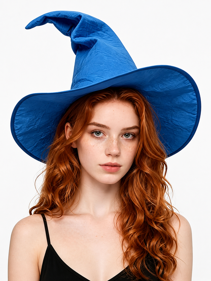 Blue Halloween Witch Hat, Wide Brim Curved Pointed Cap with Black Chin Strap front view