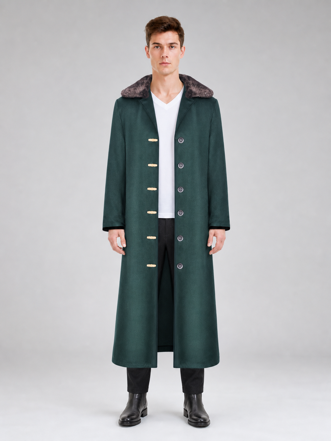 Green Long Coat with Fur Collar for Cosplay