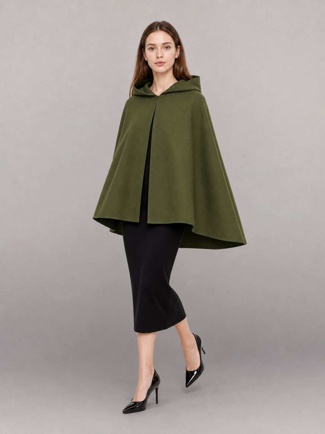 Triangular Hooded Cape, Olive Green