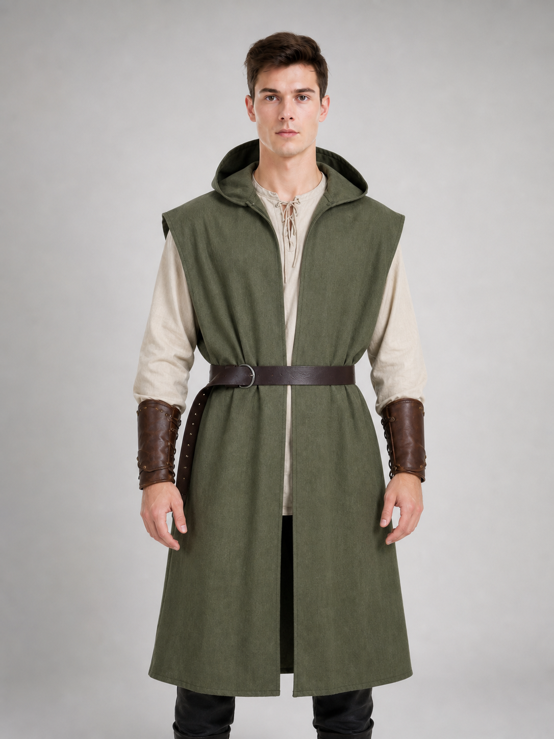 Medieval Fantasy Costume Sleeveless Hooded Long Vest, Open Front Design With Waist Belt For Cosplay And Costume Performances