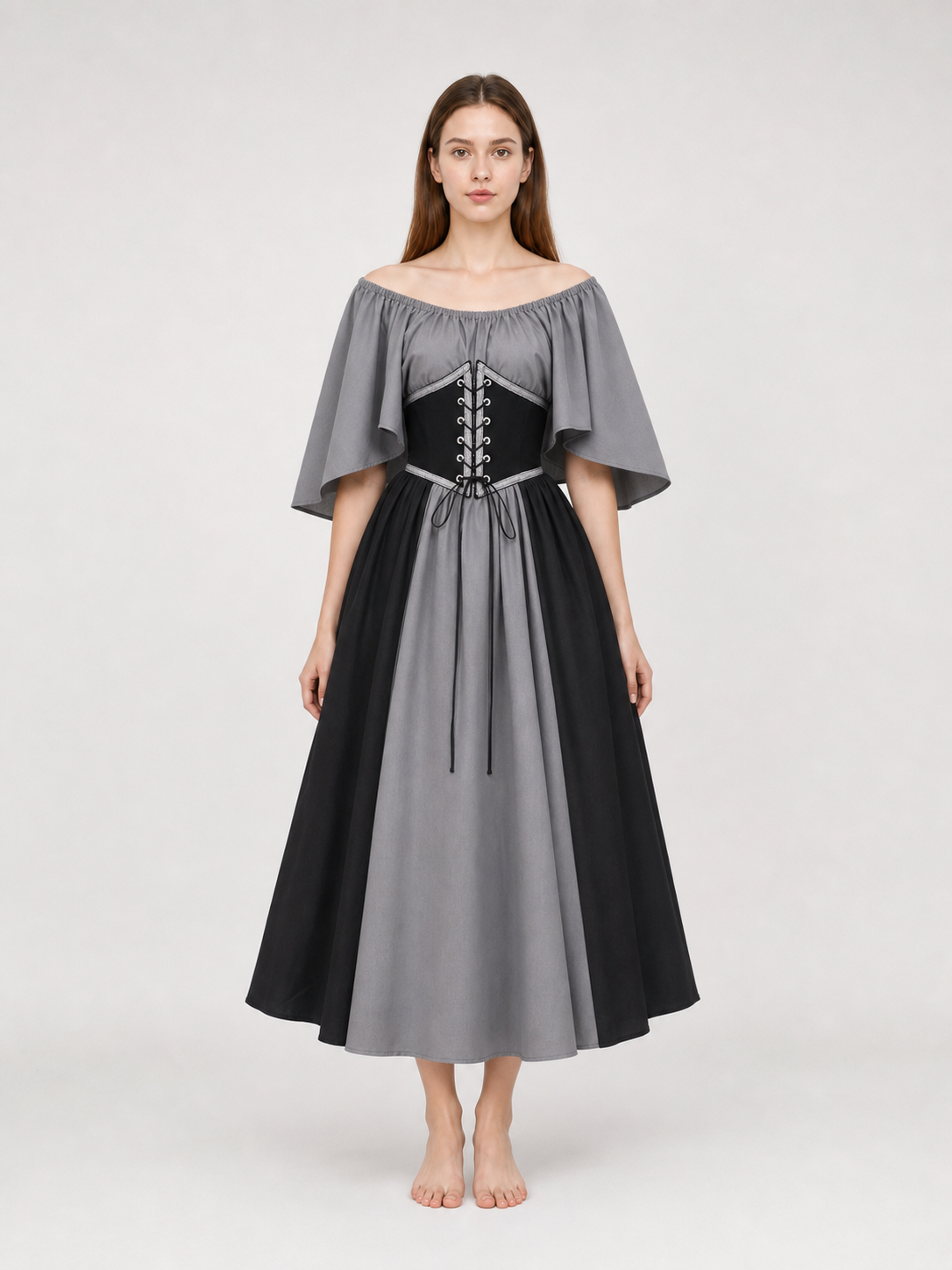 Gothic Dress with Corset, Ruffles, and Lace-Up Detail