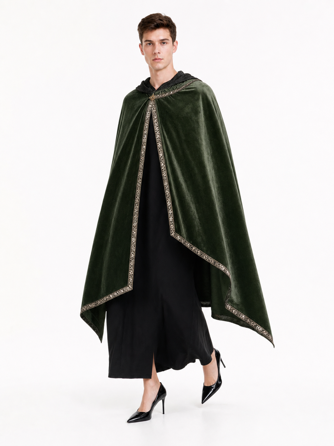 Green asymmetrical long carnival cape