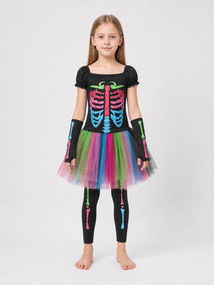 Skeleton costume with a multicolored skirt