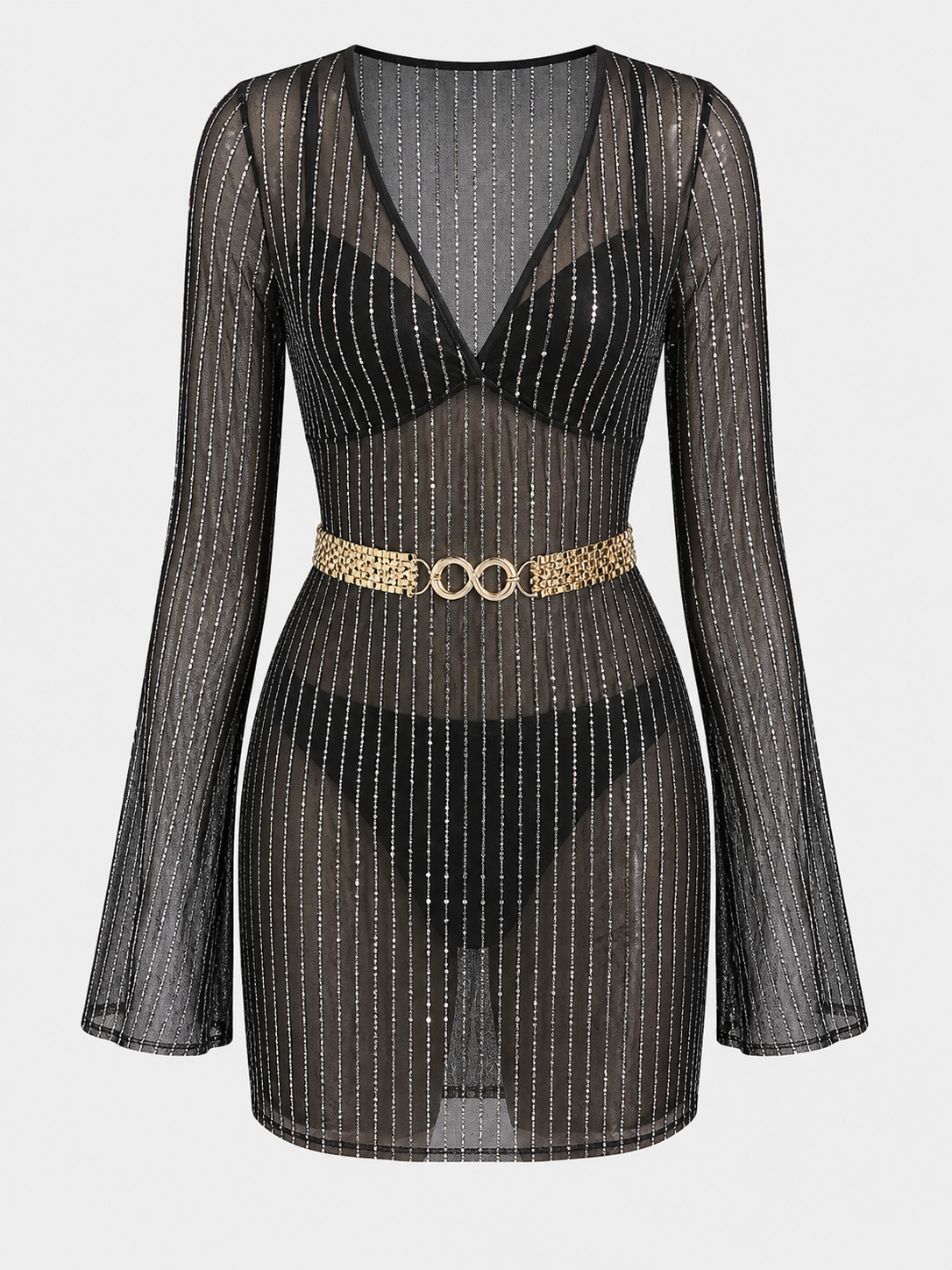 Sheer Jumpsuit with Belt and Gold Stripes