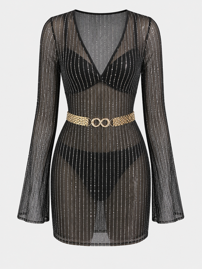 Sheer Jumpsuit with Belt and Gold Stripes