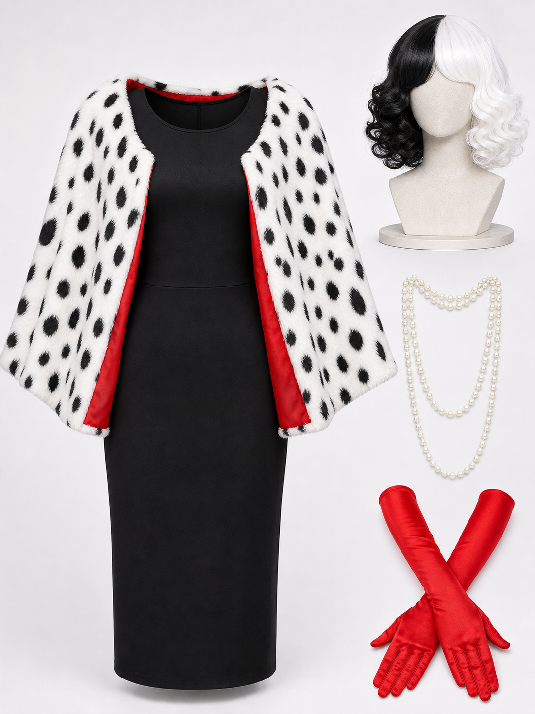 Cruella Halloween Costume with Wig and Cape