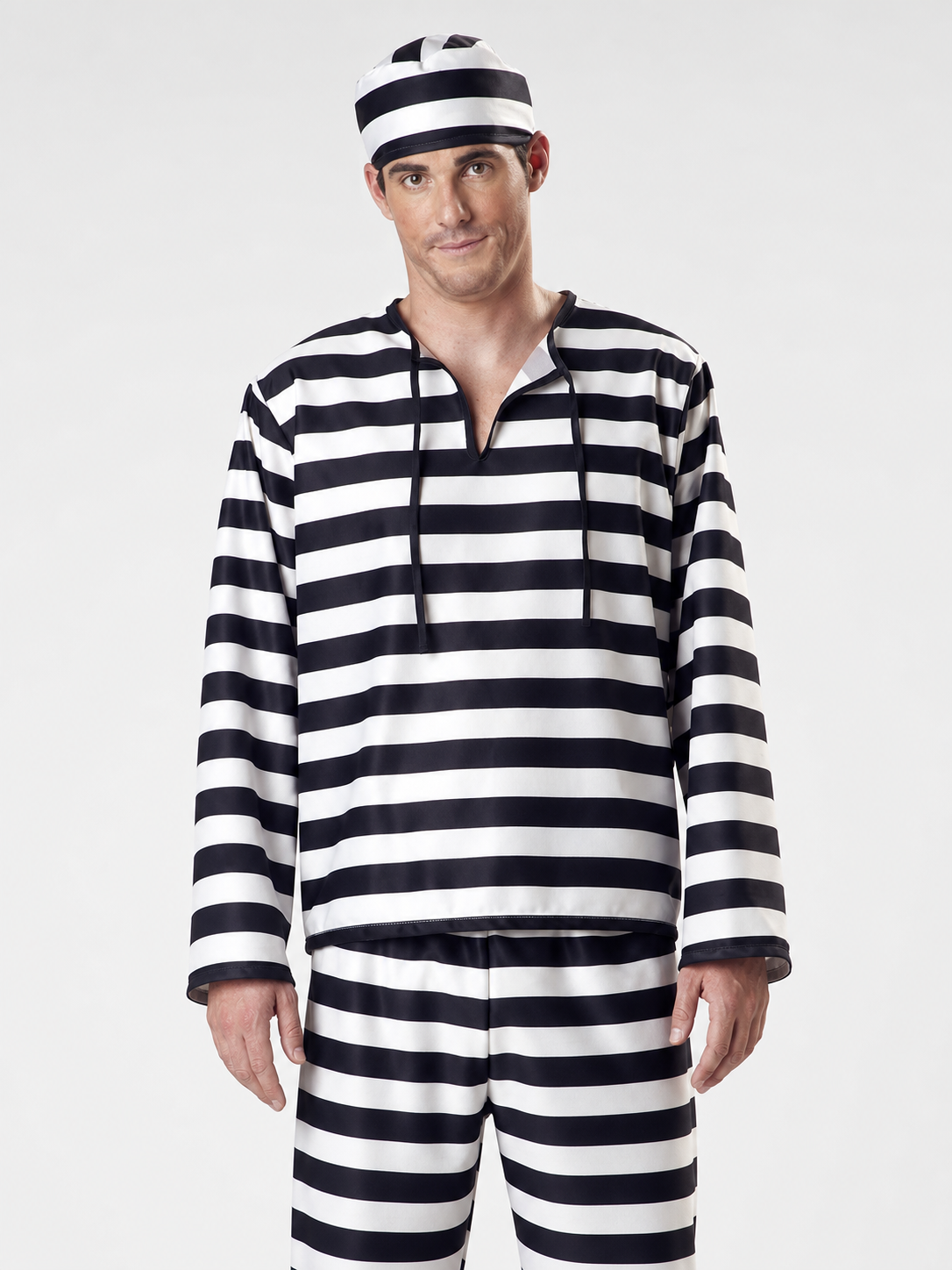 Striped prisoner costume with cap and handcuffs