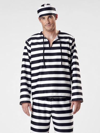 Striped prisoner costume with cap and handcuffs