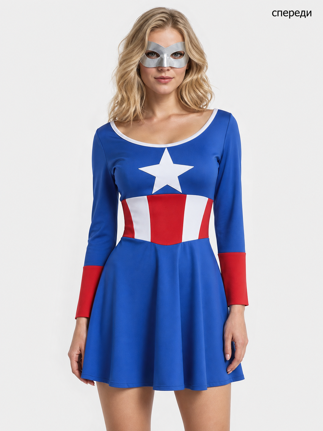 Comic-style superhero costume with mask and shield