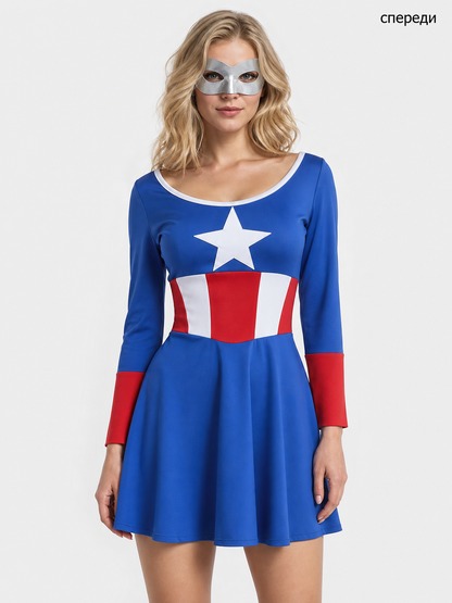Comic-style superhero costume with mask and shield